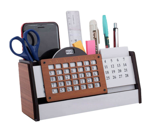 Wooden Lifetime Calendar With Pen Holder